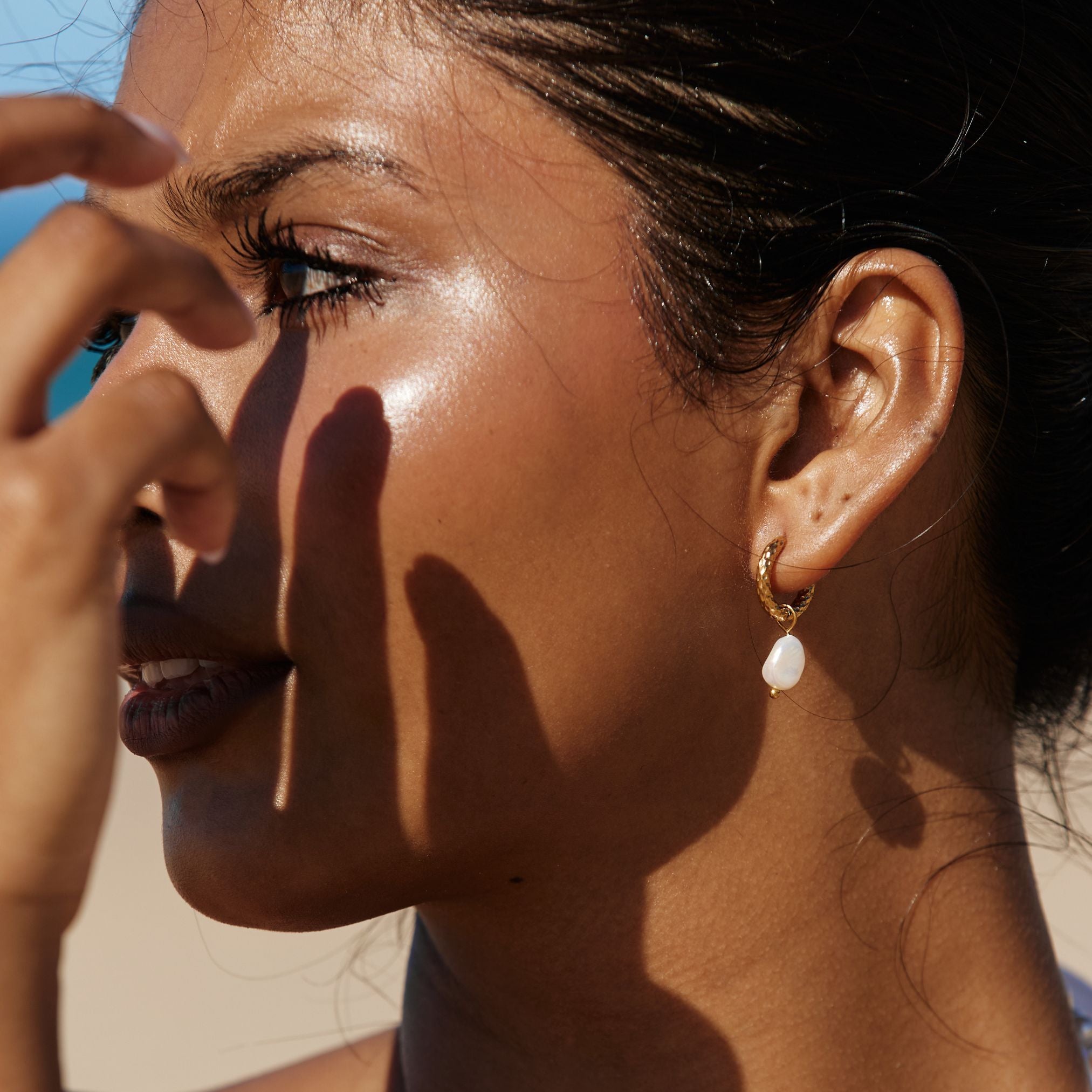 Hammered Pearl Hoop Earrings