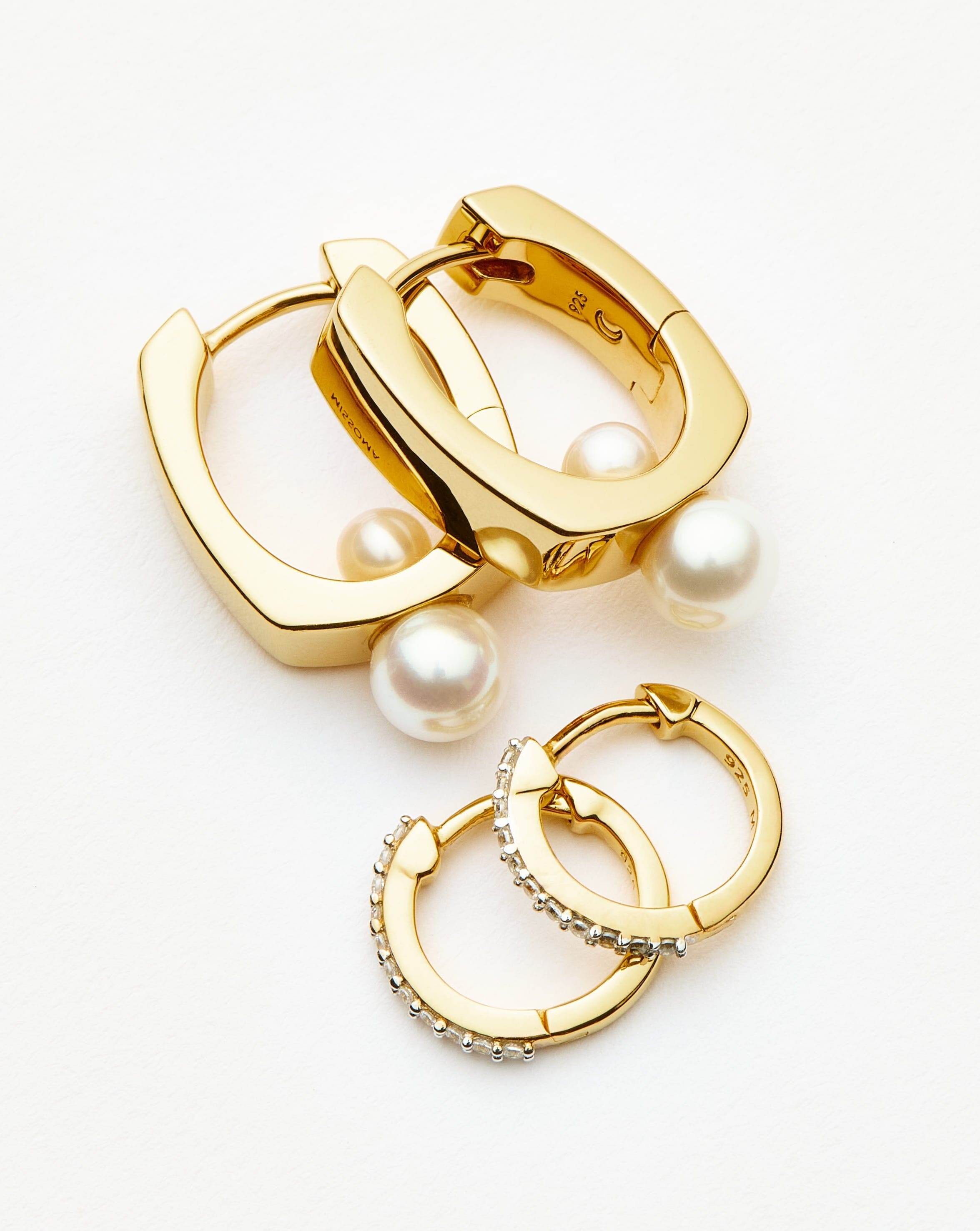 Pearl Square & Pave Small Hoop Earring Set | 18k Gold Vermeil Cubic Zirconica Pearl