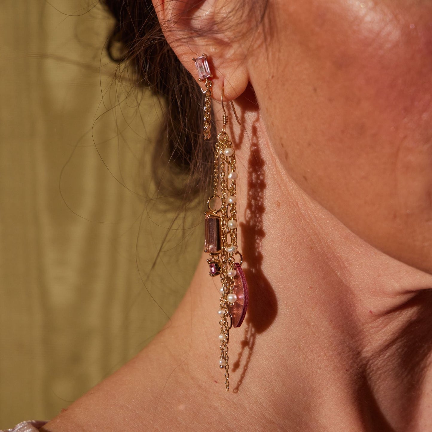 Pink Baguette Chain Drop Stud Earrings