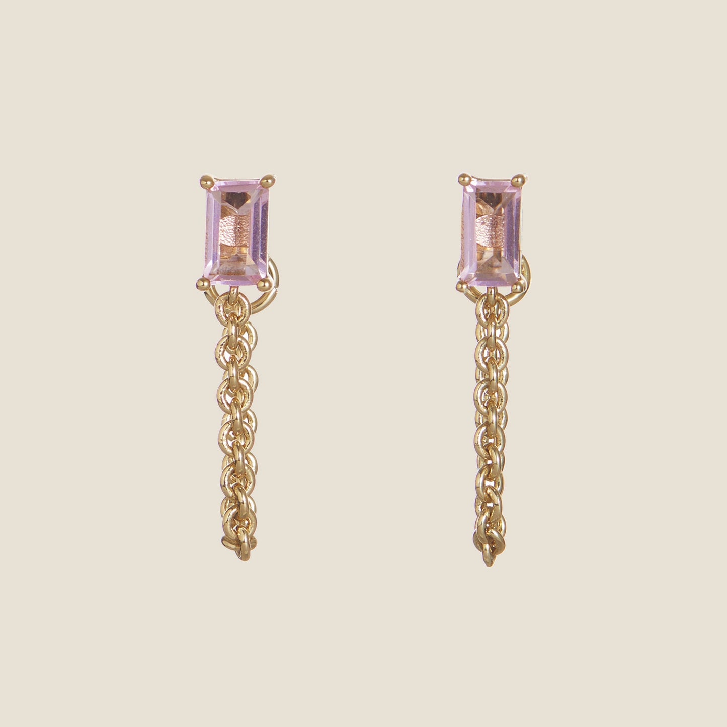 Pink Baguette Chain Drop Stud Earrings