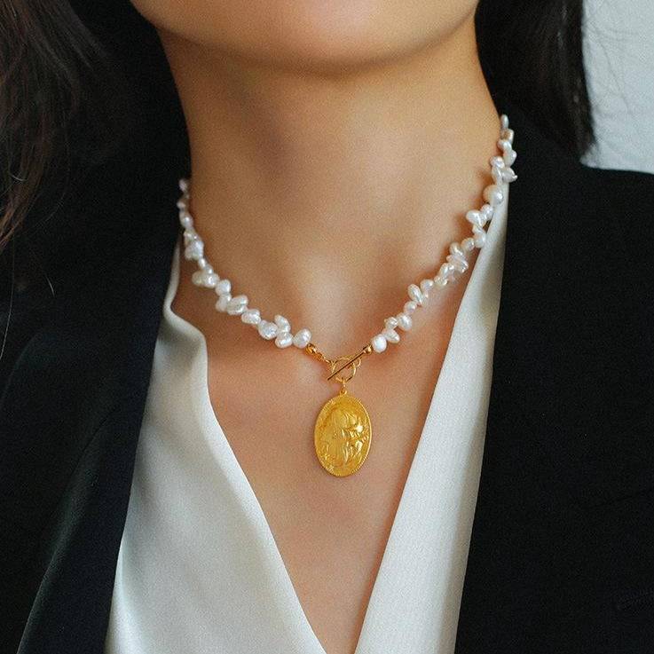 Gold Coin Pearl Necklace and Earrings Set