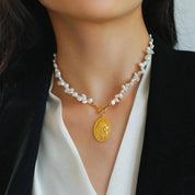 Oval Goddess Gold Coin Pearl Necklace and Earrings (Purchase Individually)