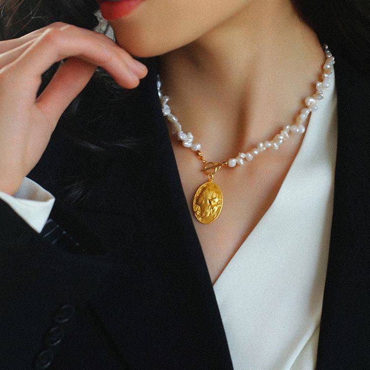 Gold Coin Pearl Necklace and Earrings Set