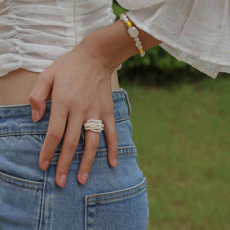 Rice Pearl Multi-Layer Cluster Ring Design