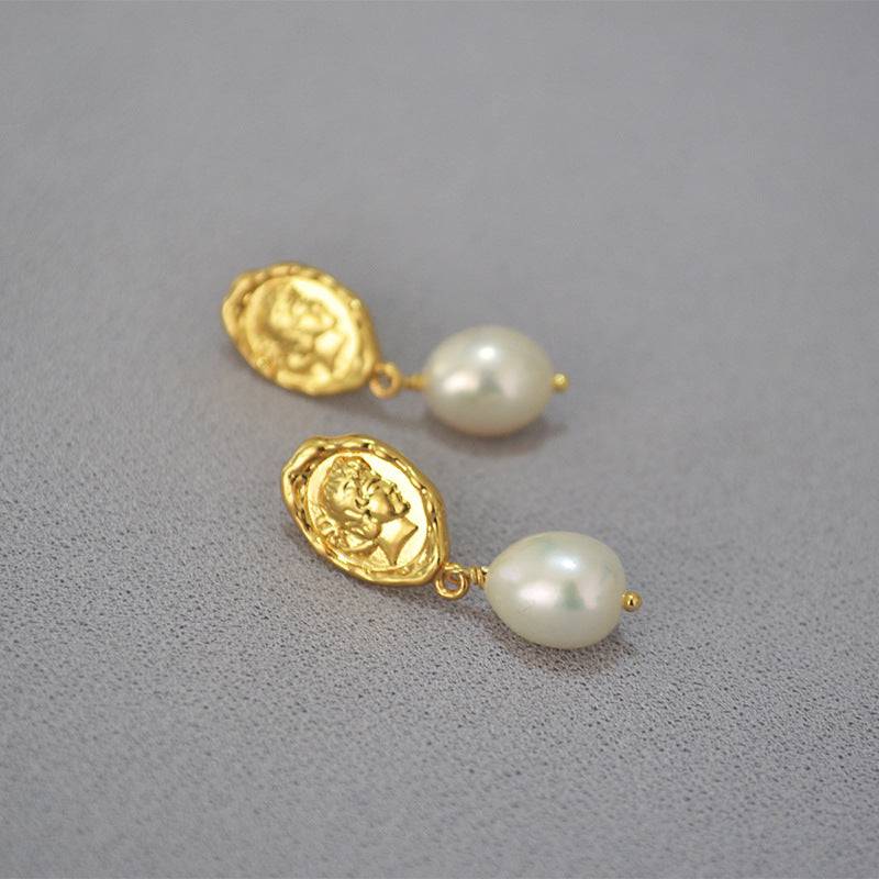 Gold Freshwater Pearl Face Coin Earrings