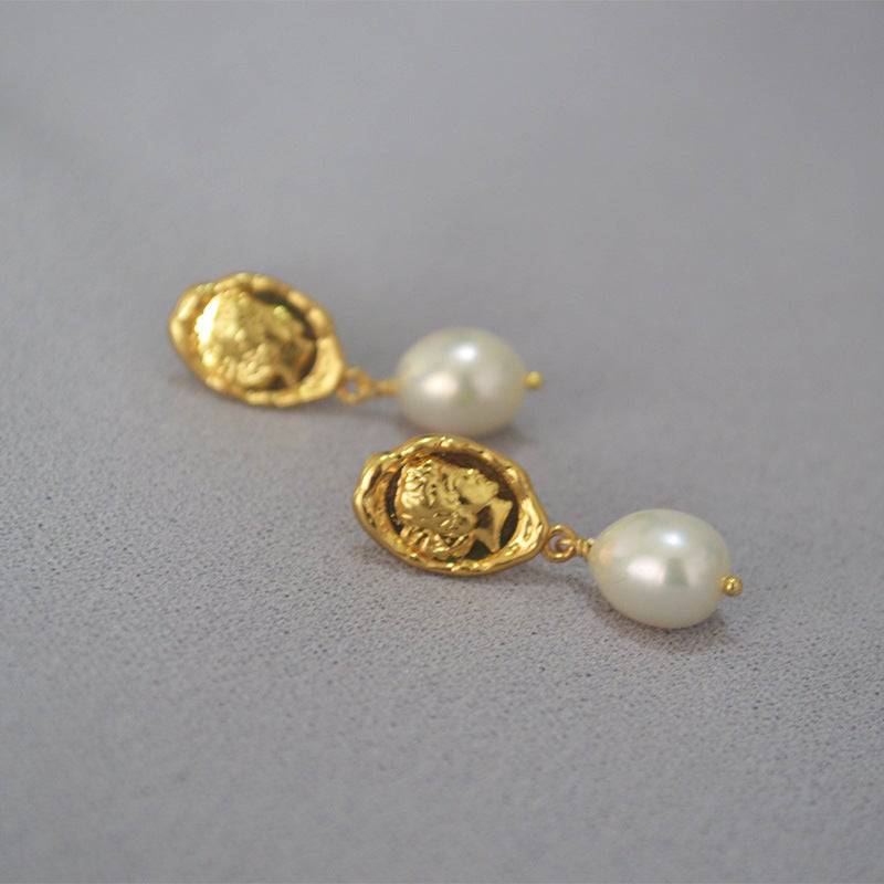 Face Coin Gold Freshwater Pearl Earrings