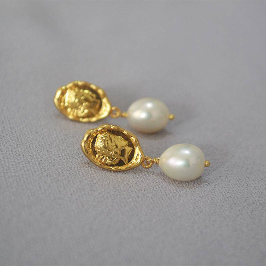 Gold Freshwater Pearl Face Coin Earrings