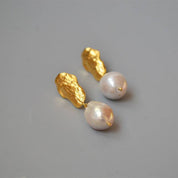 Long Drop Gold Baroque Pearl Earrings