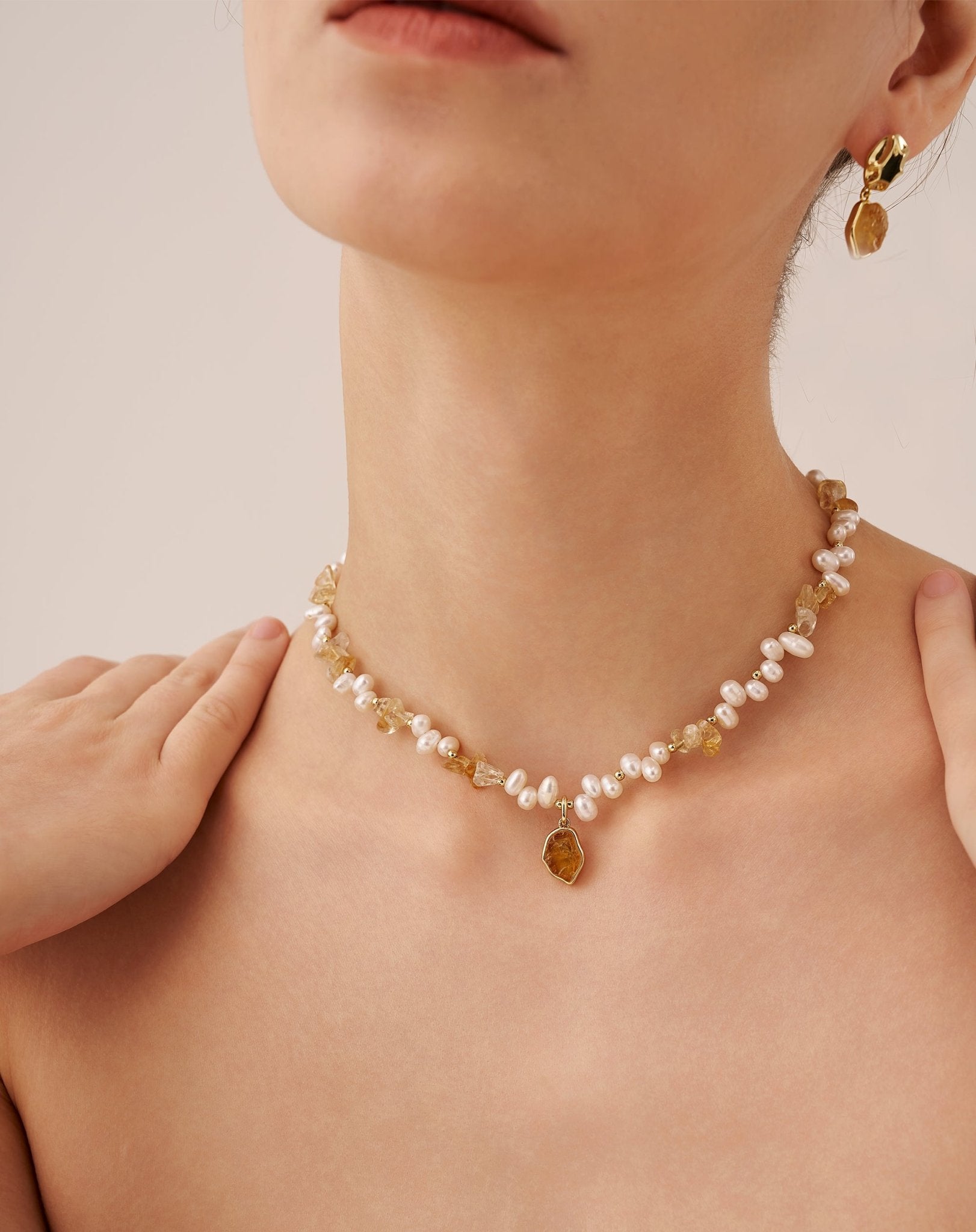 Raw Citrine Pearl Necklace