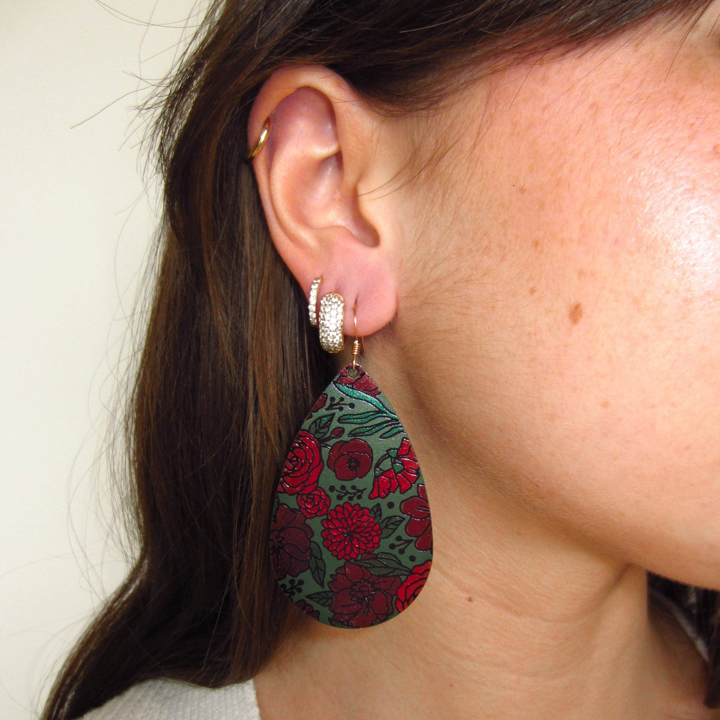 Red Floral Teardrop Earrings in Midnight Style