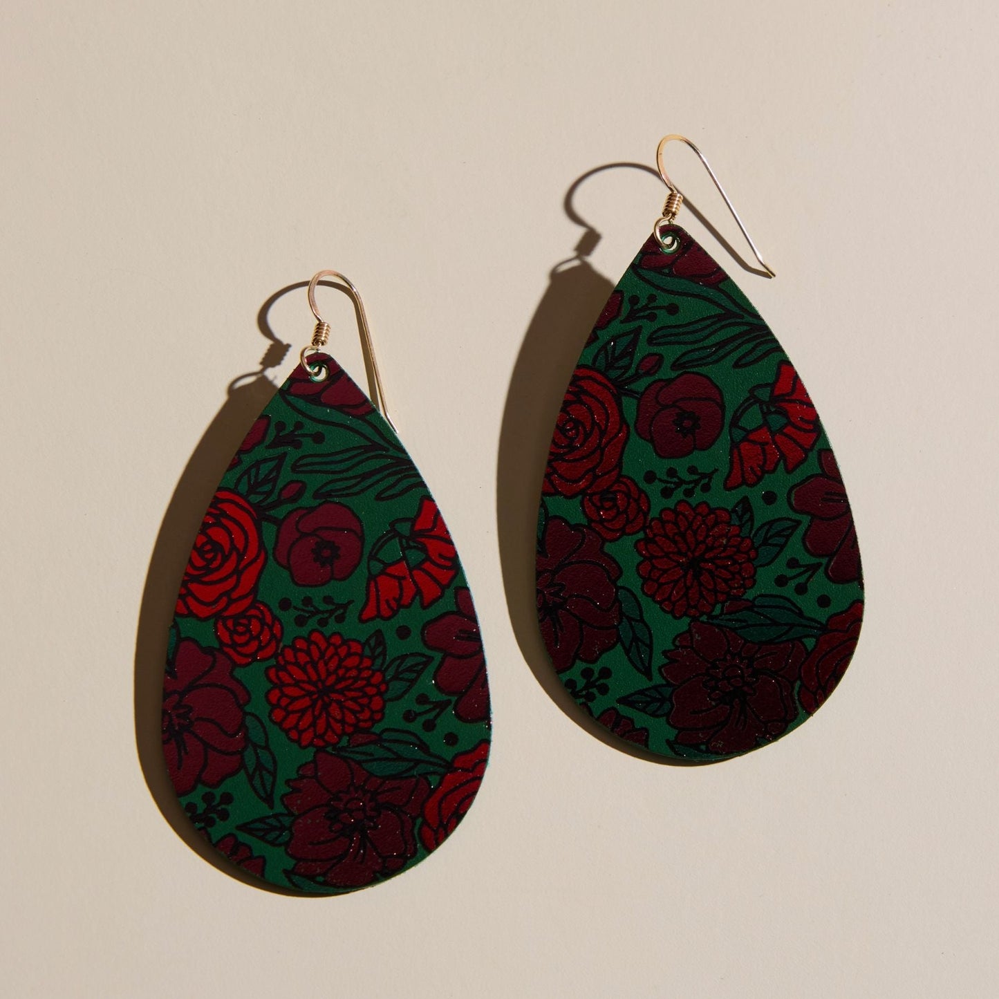 Red Floral Teardrop Earrings in Midnight Style