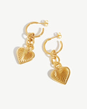 Ridge Heart Drop Hoop Earrings | 18k Gold Plated