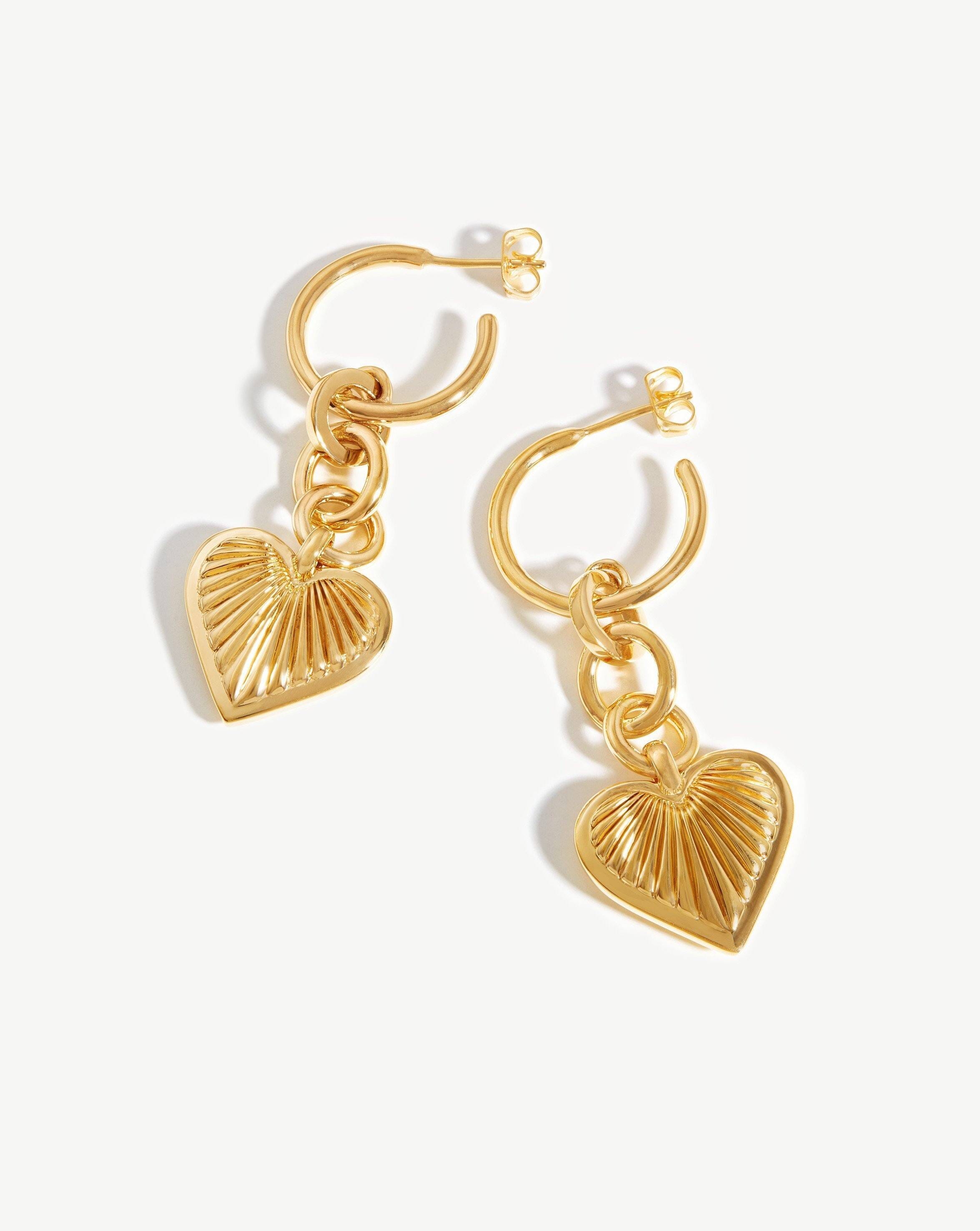 Ridge Heart Drop Hoop Earrings | 18k Gold Plated