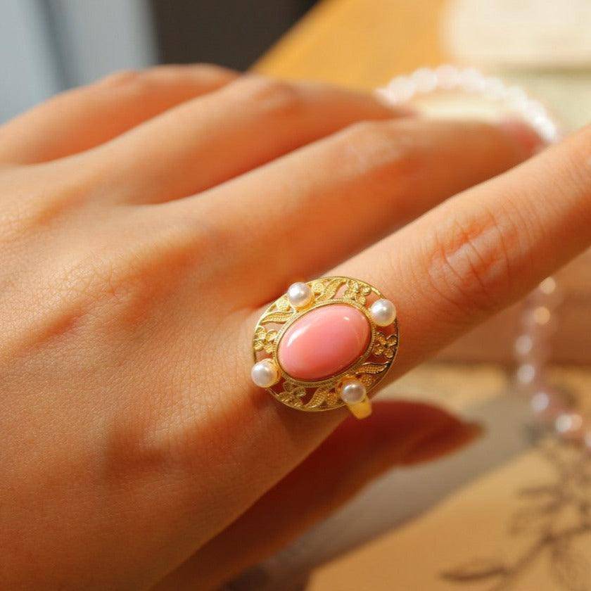 Elegant Pink Conch Shell Pearl Ring in Gold Vermeil