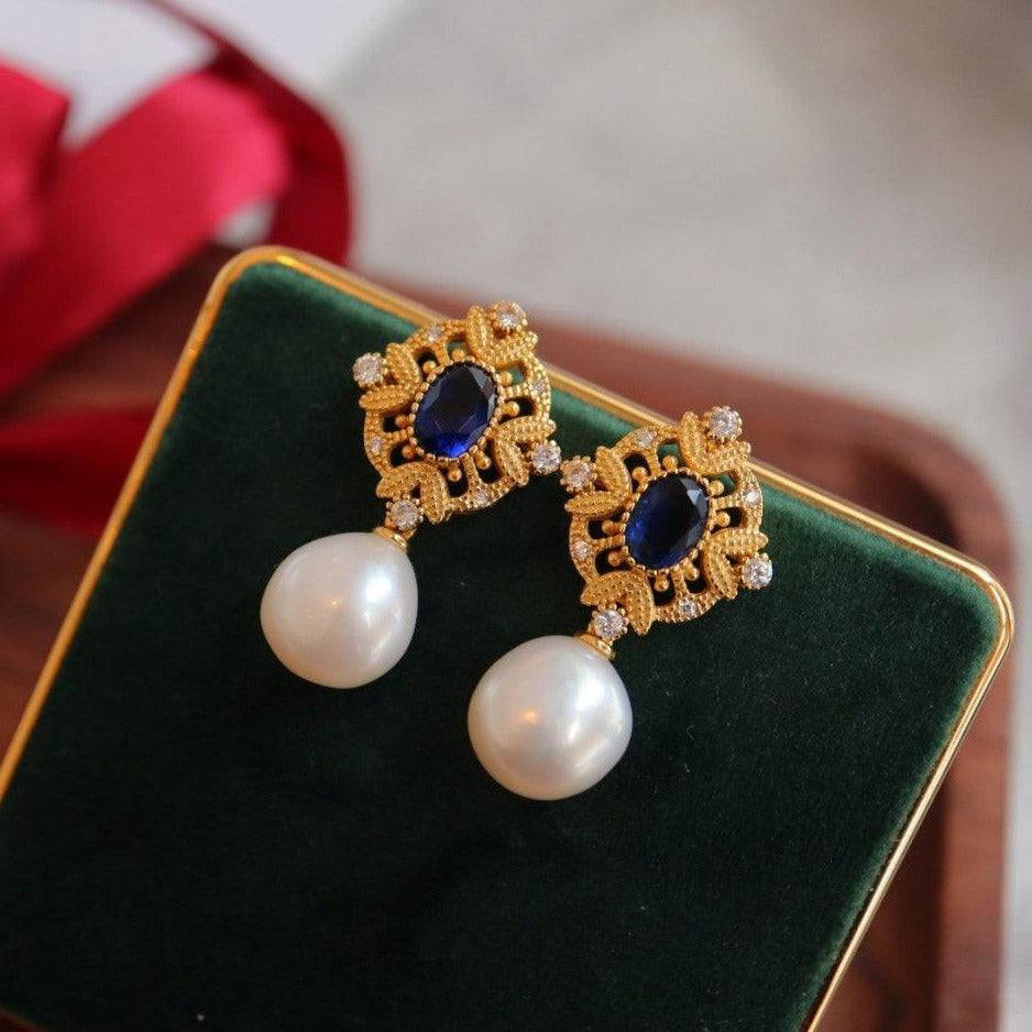 Vintage Baroque Pearls Necklace with Sapphire Earrings