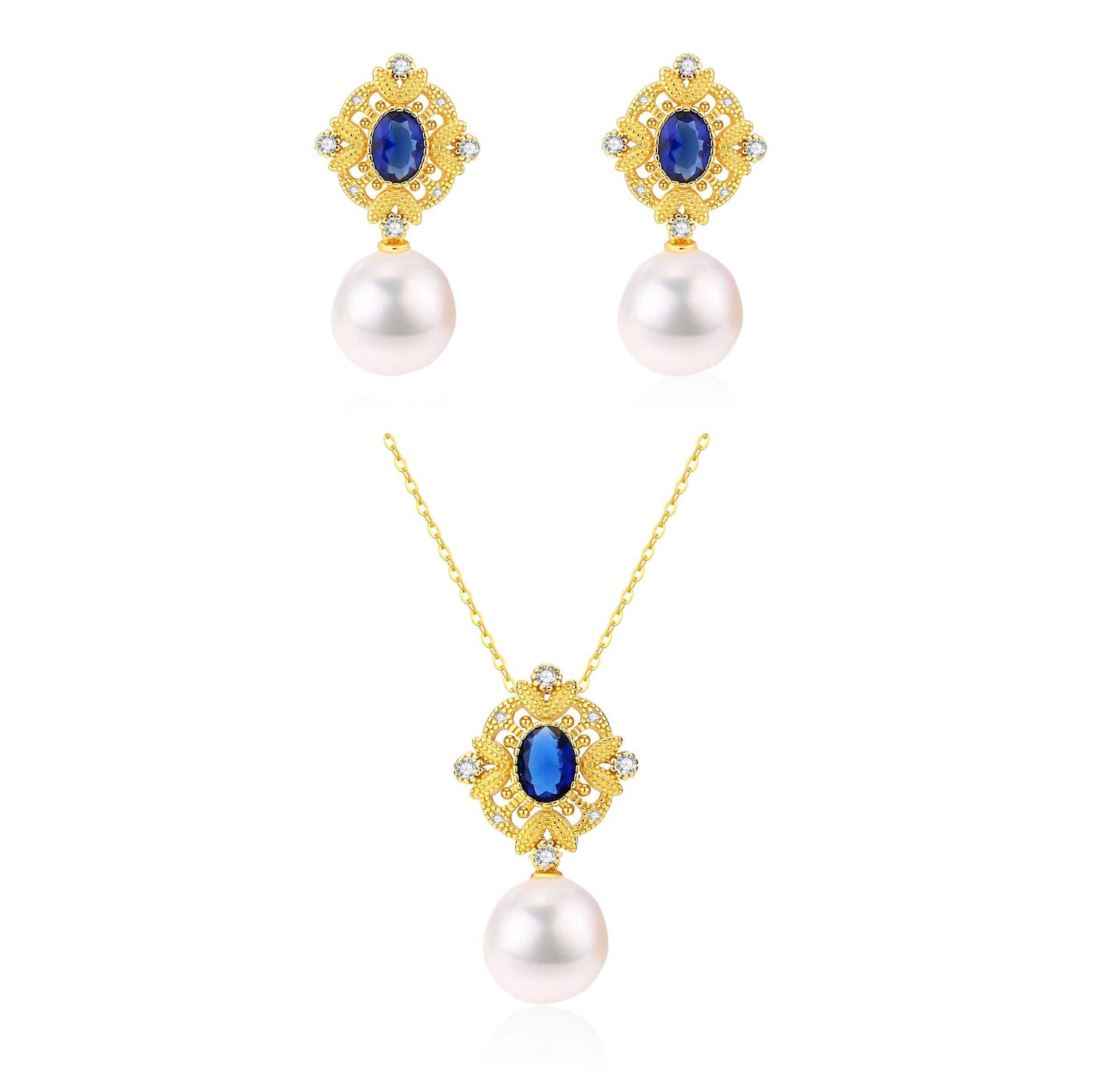 Vintage Baroque Pearls Necklace with Sapphire Earrings