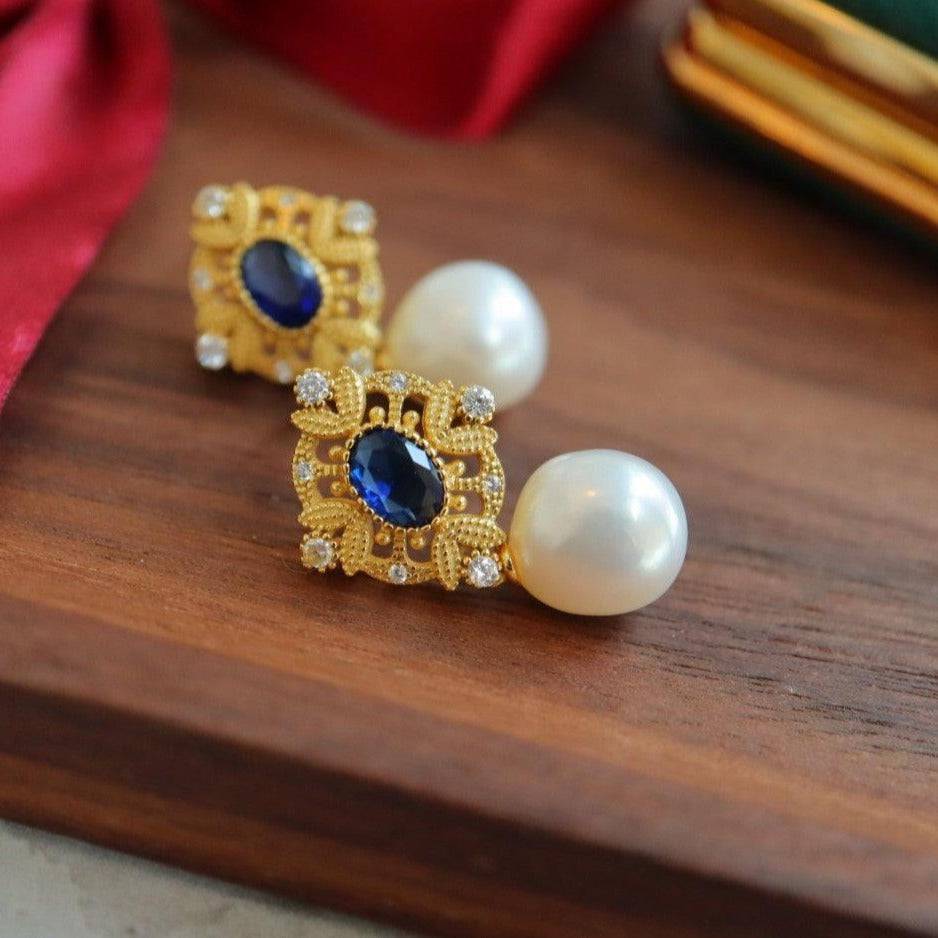 Vintage Baroque Pearls Necklace with Sapphire Earrings