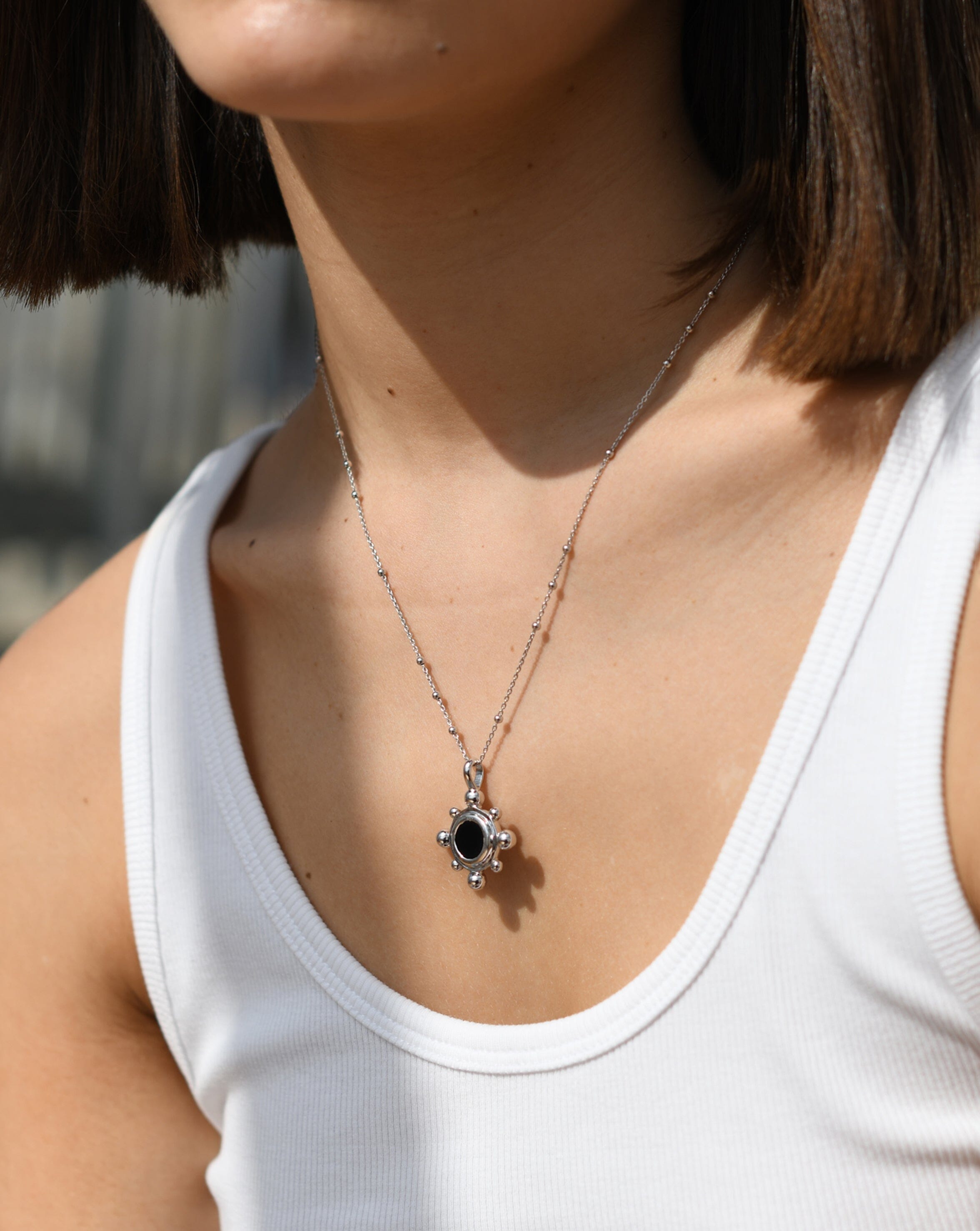 Sphere Round Pendant Necklace | Silver Plated/Black Onyx