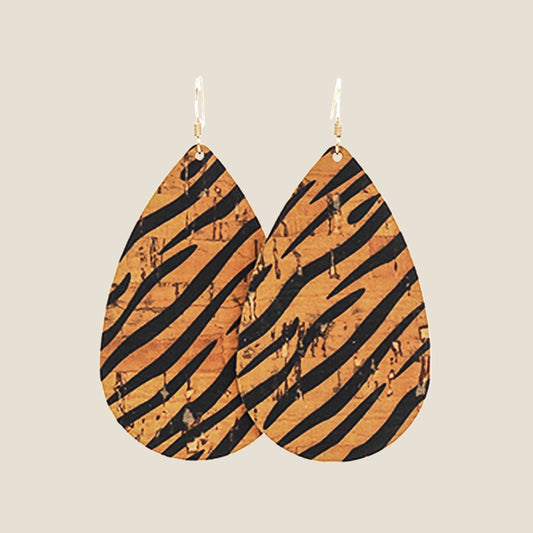 Cork Teardrop Earrings in Tiger Print