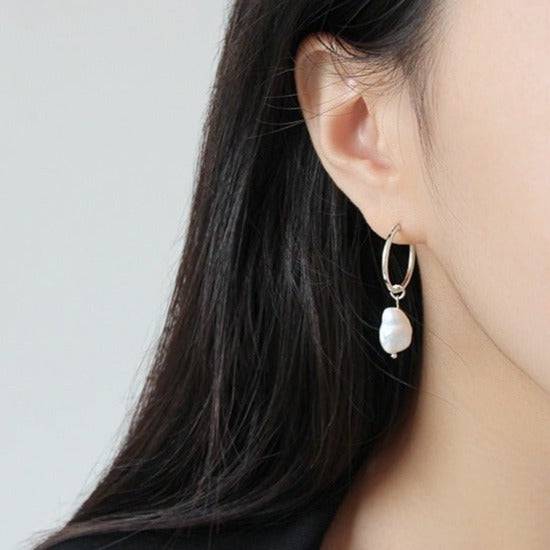 Elegant Baroque Pearl Hoop Earrings in Silver