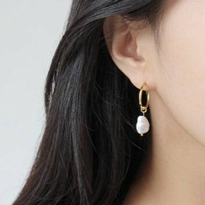 Elegant Baroque Pearl Hoop Earrings in Silver