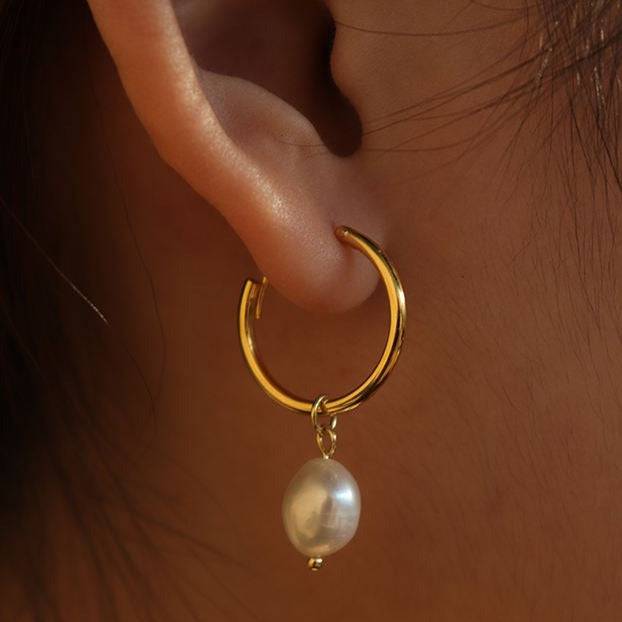 Elegant Baroque Pearl Hoop Earrings in Silver