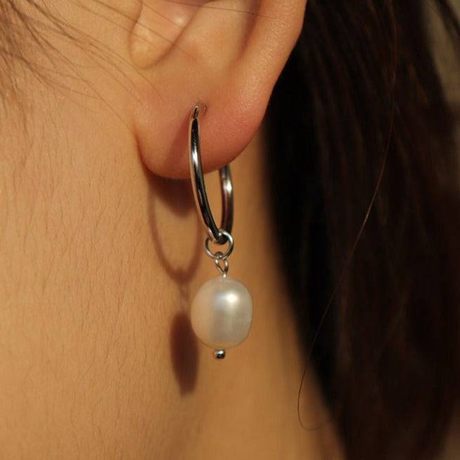 Elegant Baroque Pearl Hoop Earrings in Silver