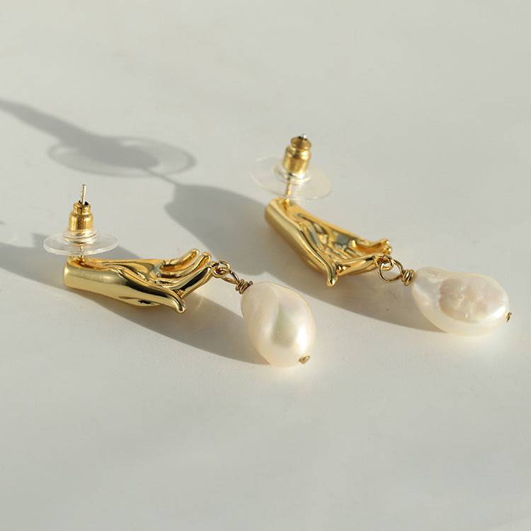 Gold Earrings with Finger Pearl Design